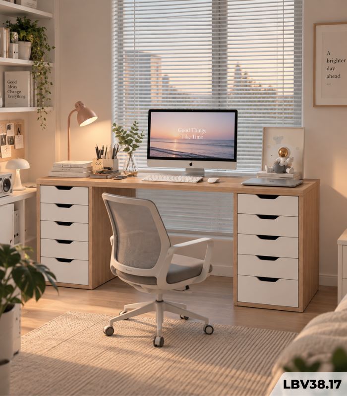 Bàn làm việc IKEA 2 Tủ LBV38.7 180×60 – Trắng + Vân gỗ nhạt