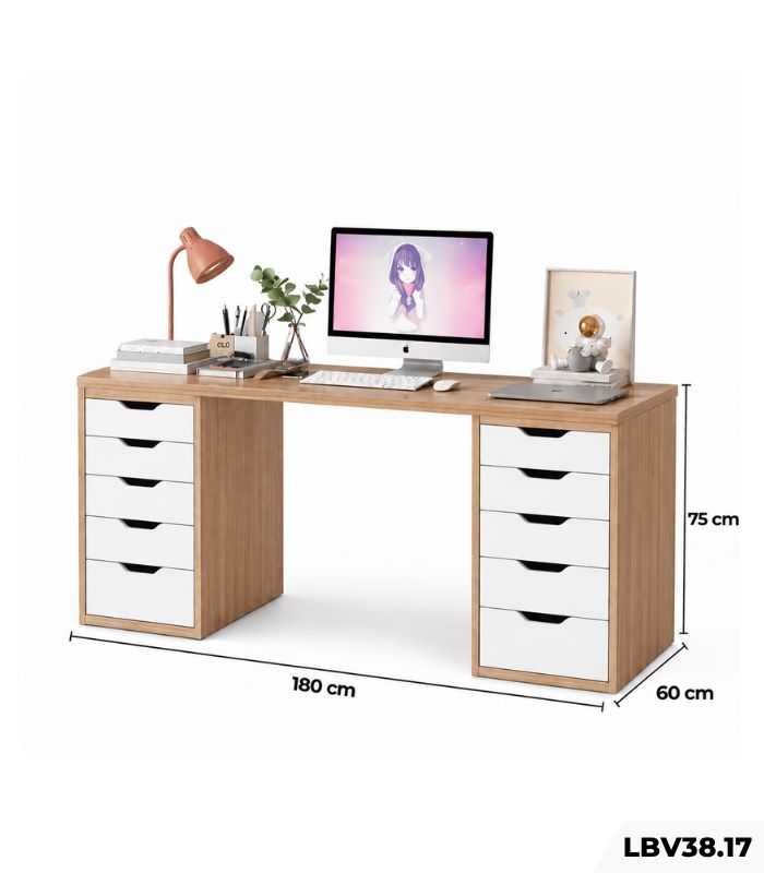 Bàn làm việc IKEA 2 Tủ LBV38.7 180×60 – Trắng + Vân gỗ nhạt