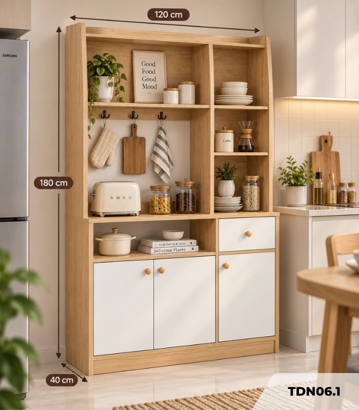 Tủ bếp đứng đa năng 120x40 cm TDN06.1 - Trắng + Vân gỗ nhạt
