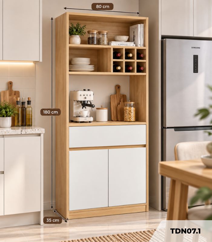 Tủ bếp đa năng có ô rượu 80x35 cm TDN07.1 - Trắng + Vân gỗ nhạt