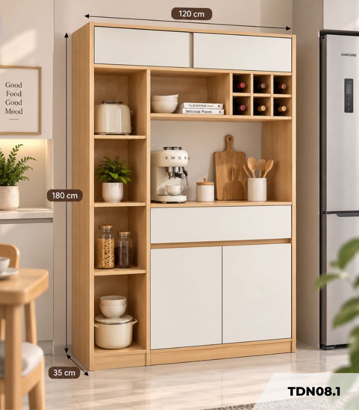 Tủ bếp đa năng hiện đại tối ưu không gian 115x35 cm TDN08.1 - Trắng + Vân gỗ nhạt