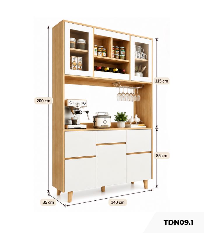 Tủ bếp đa năng tích hợp tủ rượu 140x35 cm TDN09.1 - Trắng + Vân gỗ nhạt
