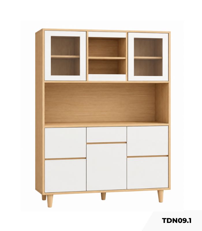 Tủ bếp đa năng tích hợp tủ rượu 140x35 cm TDN09.1 - Trắng + Vân gỗ nhạt