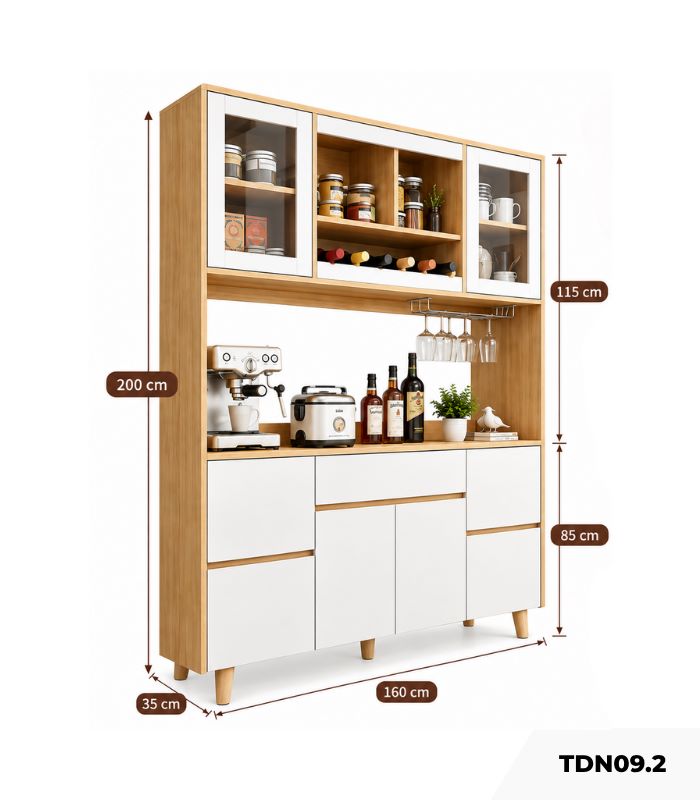 Tủ bếp đa năng tích hợp tủ rượu 160x35 cm TDN09.2 - Trắng + Vân gỗ nhạt