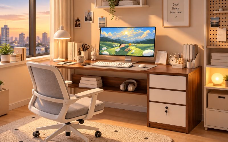 Bàn làm việc có kệ sách, ngăn kéo tiện dụng