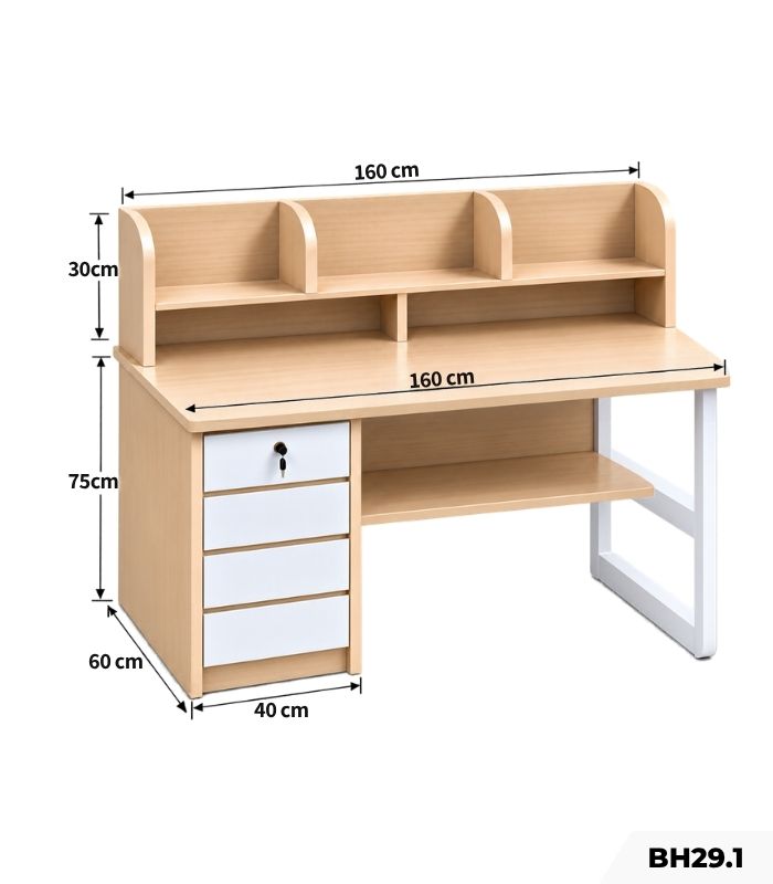 Bàn học tích hợp kệ kèm tủ lưu trữ BH29.1 160×60 – Vân gỗ nhạt
