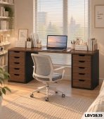 Bàn làm việc IKEA 2 Tủ LBV38.19 160×60 – Vân gỗ đậm + Đen