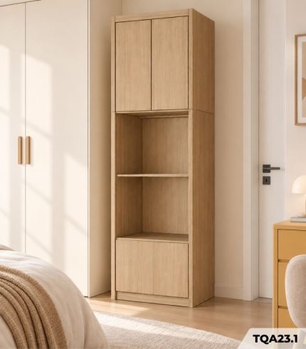 Tủ quần áo cánh mở hiện đại kết hợp kệ trưng bày TQA23.1 – Vân gỗ nhạt